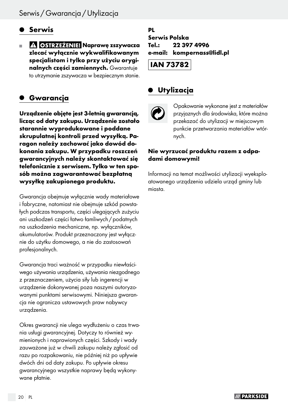 Serwis, Gwarancja, Utylizacja | Parkside PDT 40 B2 User Manual | Page 20 / 57