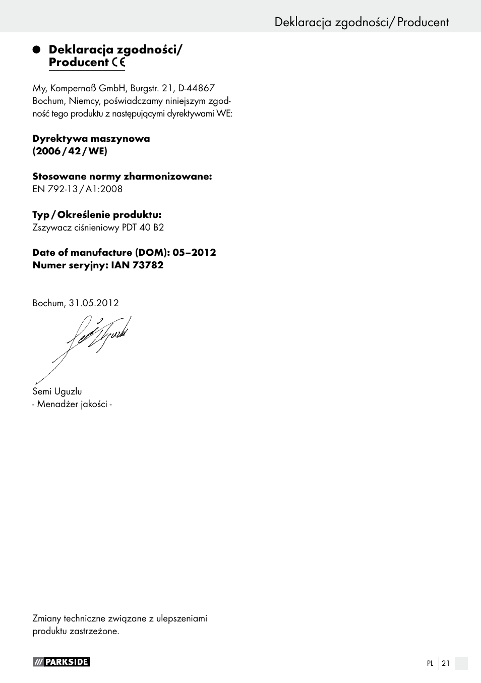 Deklaracja zgodności/ producent, Serwis / gwarancja / utylizacja | Parkside PDT 40 B2 User Manual | Page 21 / 57