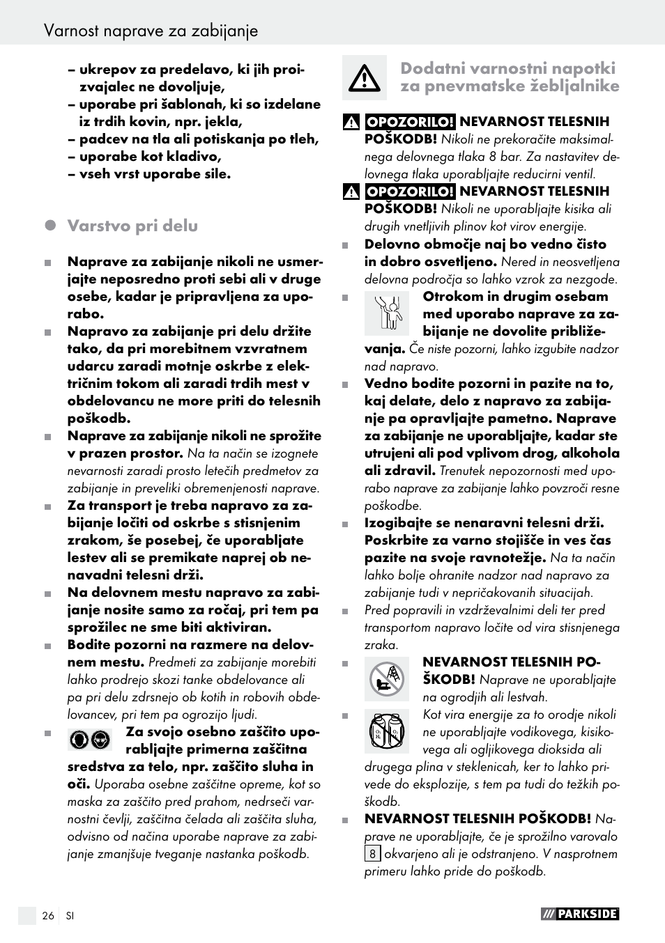 Varnost naprave za zabijanje, Varstvo pri delu | Parkside PDT 40 B2 User Manual | Page 26 / 57