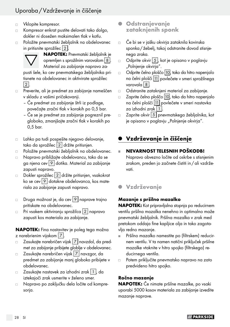 Uporaba / vzdrževanje in čiščenje, Odstranjevanje zataknjenih sponk, Vzdrževanje in čiščenje | Vzdrževanje | Parkside PDT 40 B2 User Manual | Page 28 / 57