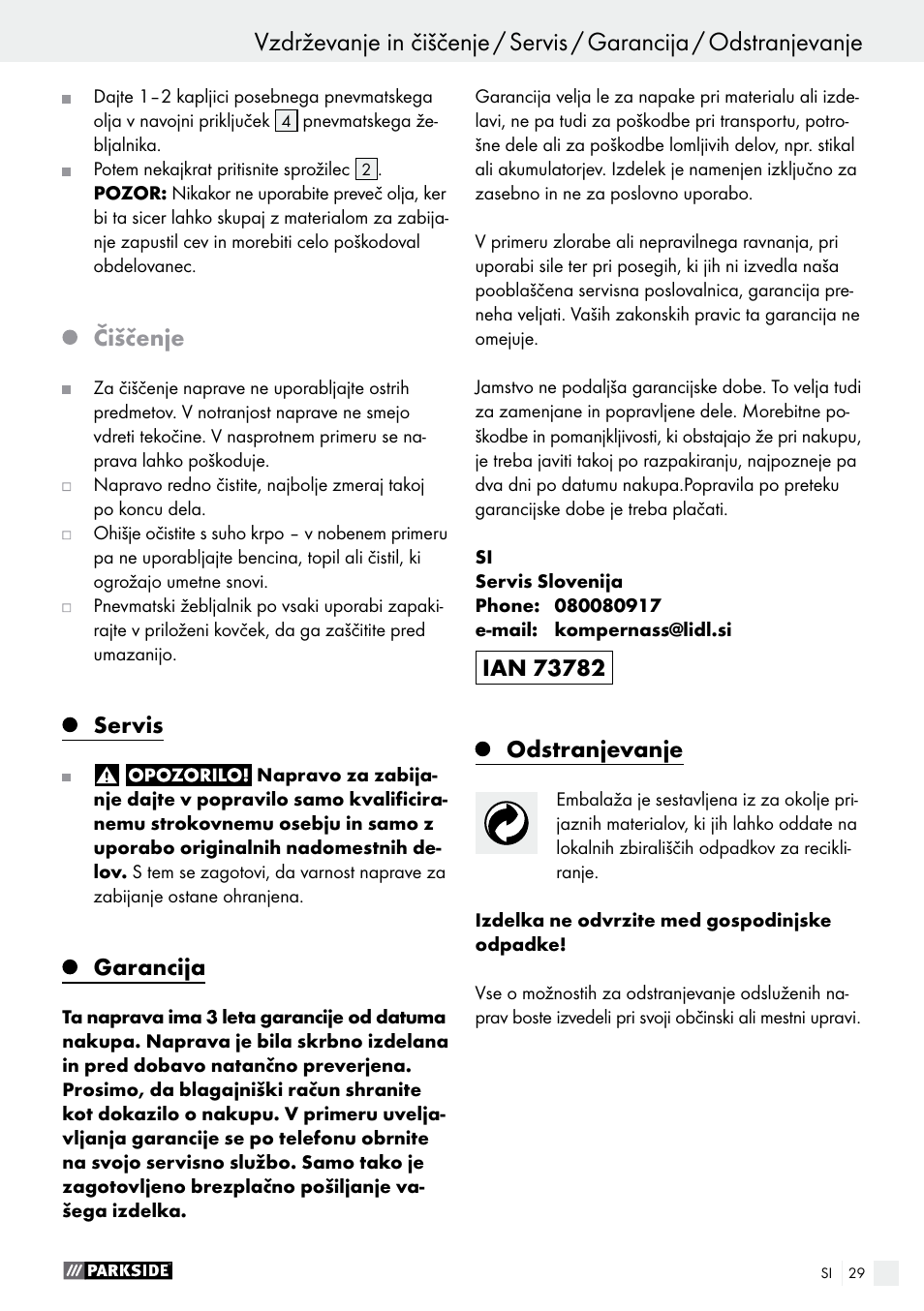 Čiščenje, Servis, Garancija | Odstranjevanje | Parkside PDT 40 B2 User Manual | Page 29 / 57