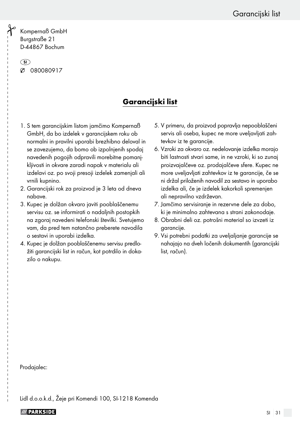 Garancijski list | Parkside PDT 40 B2 User Manual | Page 31 / 57