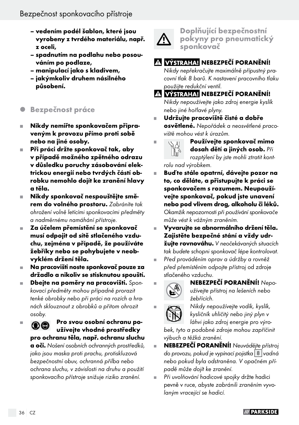 Bezpečnost sponkovacího přístroje, Bezpečnost práce | Parkside PDT 40 B2 User Manual | Page 36 / 57