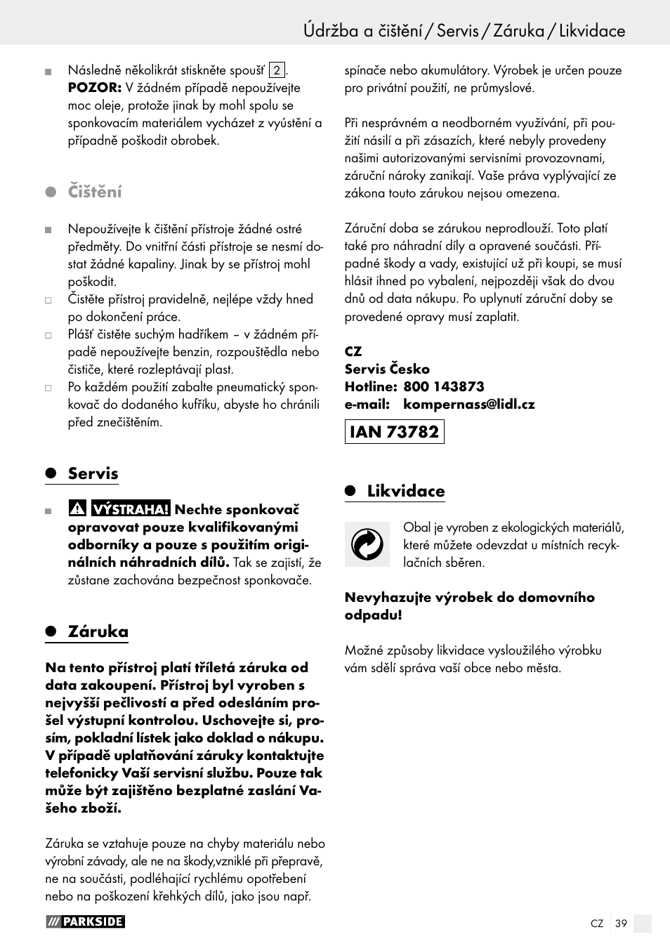 Čištění, Servis, Záruka | Likvidace | Parkside PDT 40 B2 User Manual | Page 39 / 57