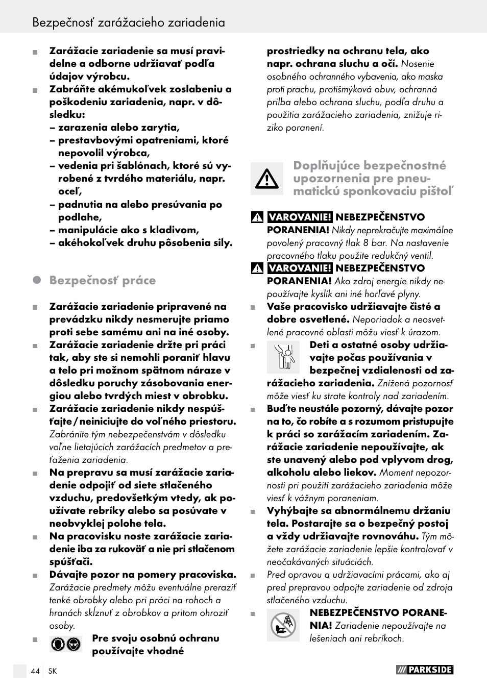 Bezpečnosť zarážacieho zariadenia, Bezpečnosť práce | Parkside PDT 40 B2 User Manual | Page 44 / 57