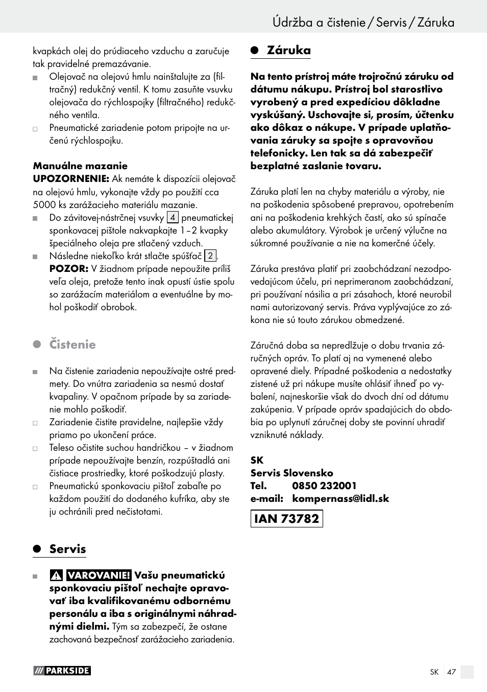 Čistenie, Servis, Záruka | Parkside PDT 40 B2 User Manual | Page 47 / 57