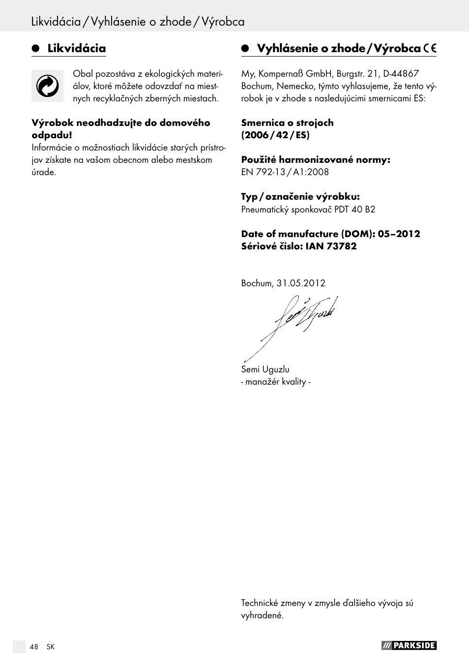 Likvidácia, Vyhlásenie o zhode / výrobca | Parkside PDT 40 B2 User Manual | Page 48 / 57