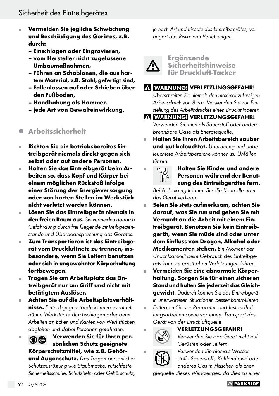 Arbeitssicherheit | Parkside PDT 40 B2 User Manual | Page 52 / 57