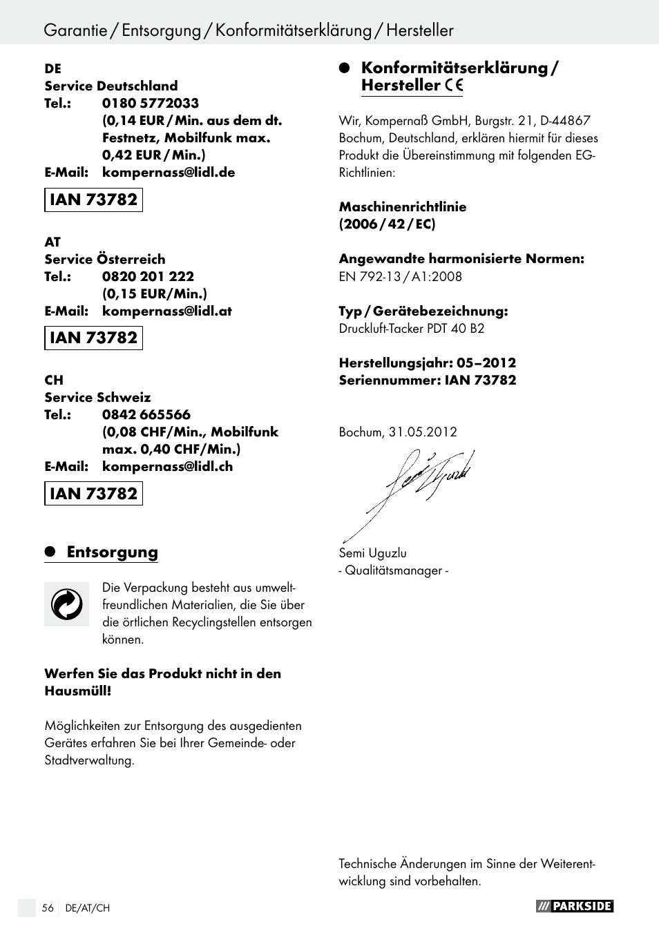 Entsorgung, Konformitätserklärung / hersteller | Parkside PDT 40 B2 User Manual | Page 56 / 57