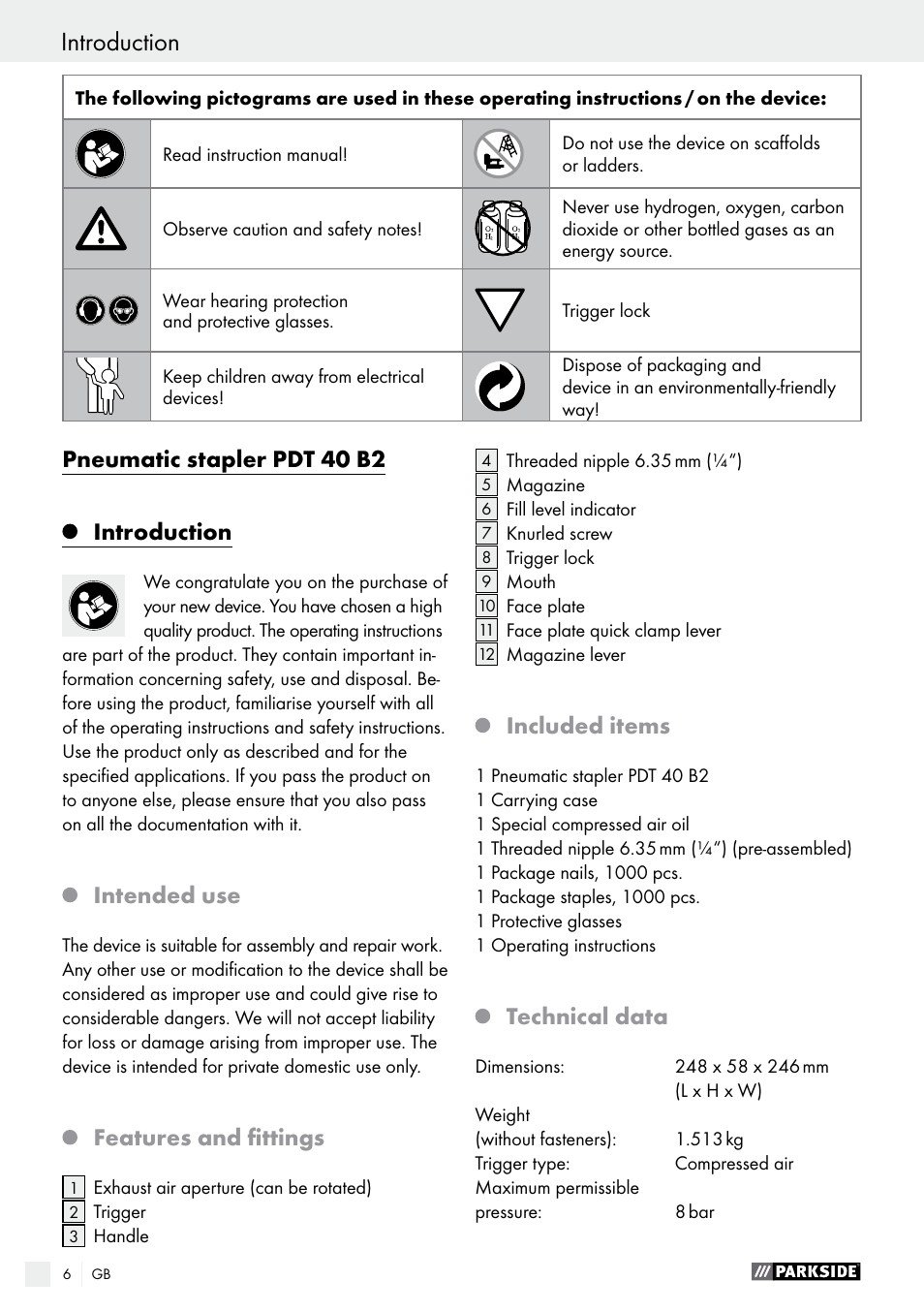Pneumatic stapler pdt 40 b2 introduction, Intended use, Features and fittings | Included items, Technical data | Parkside PDT 40 B2 User Manual | Page 6 / 57