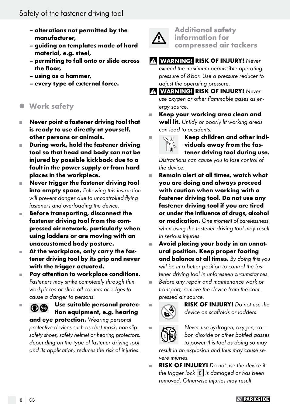 Work safety | Parkside PDT 40 B2 User Manual | Page 8 / 57
