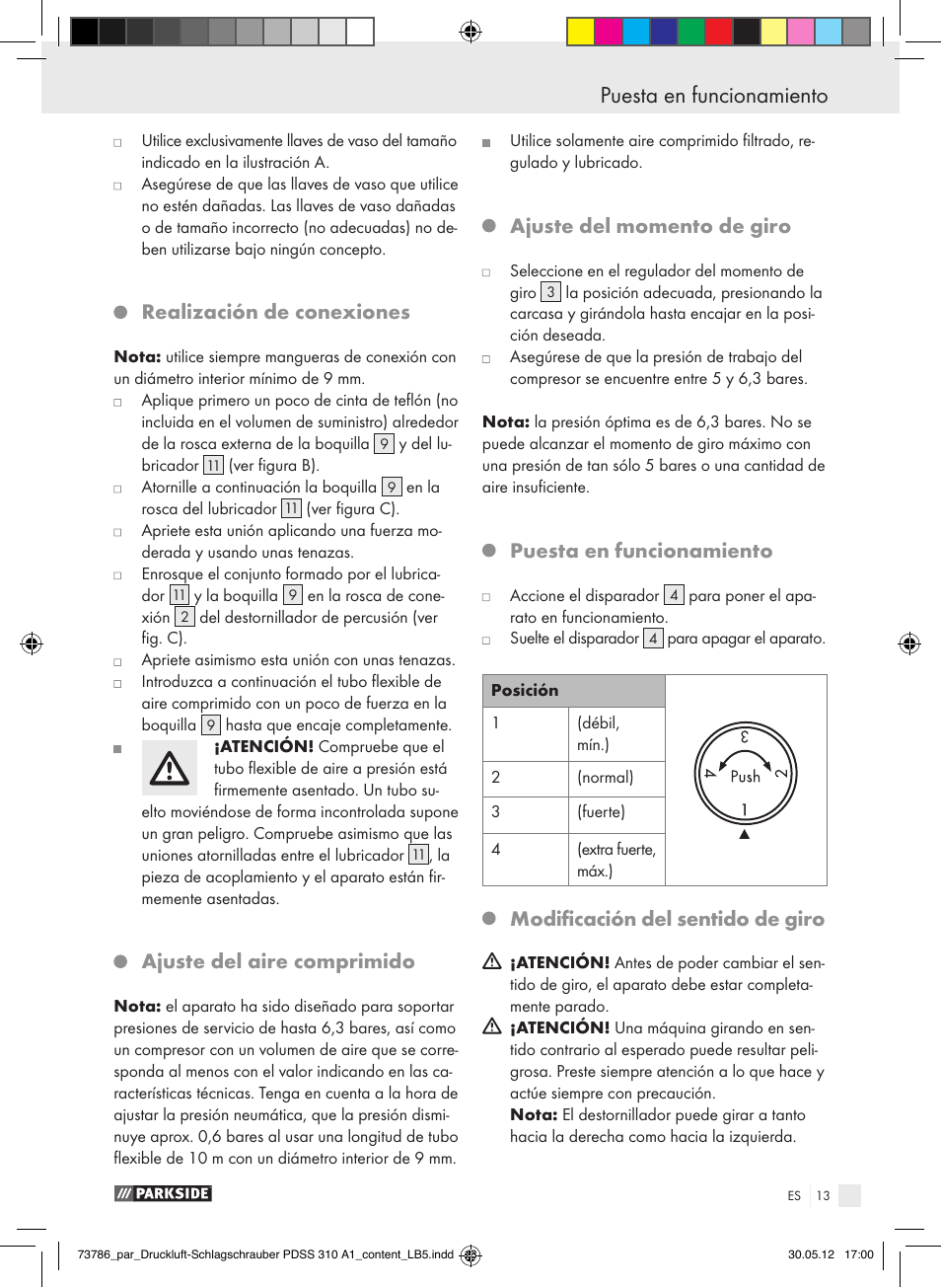 Realización de conexiones, Ajuste del aire comprimido, Ajuste del momento de giro | Puesta en funcionamiento, Modificación del sentido de giro | Parkside PDSS 310 A1 User Manual | Page 13 / 72