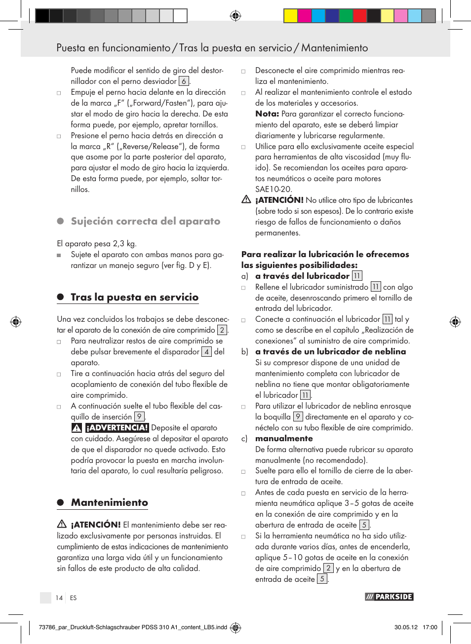 Sujeción correcta del aparato, Tras la puesta en servicio, Mantenimiento | Parkside PDSS 310 A1 User Manual | Page 14 / 72