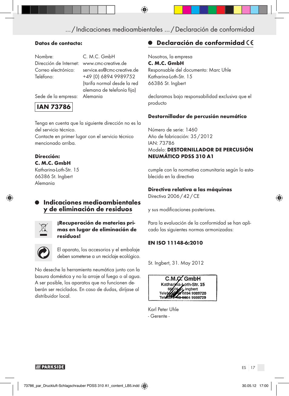 Declaración de conformidad | Parkside PDSS 310 A1 User Manual | Page 17 / 72