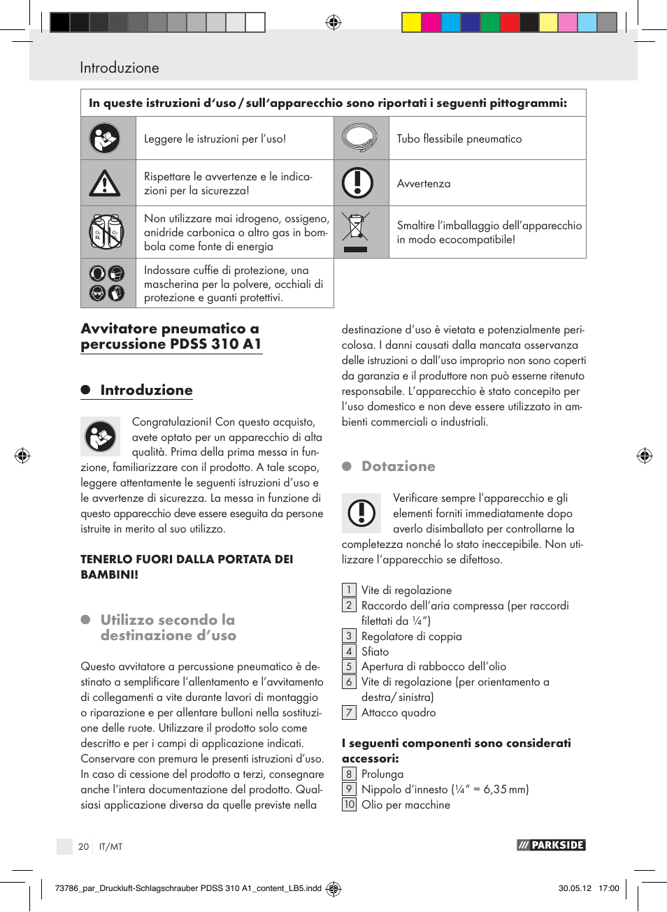Utilizzo secondo la destinazione d’uso, Dotazione | Parkside PDSS 310 A1 User Manual | Page 20 / 72