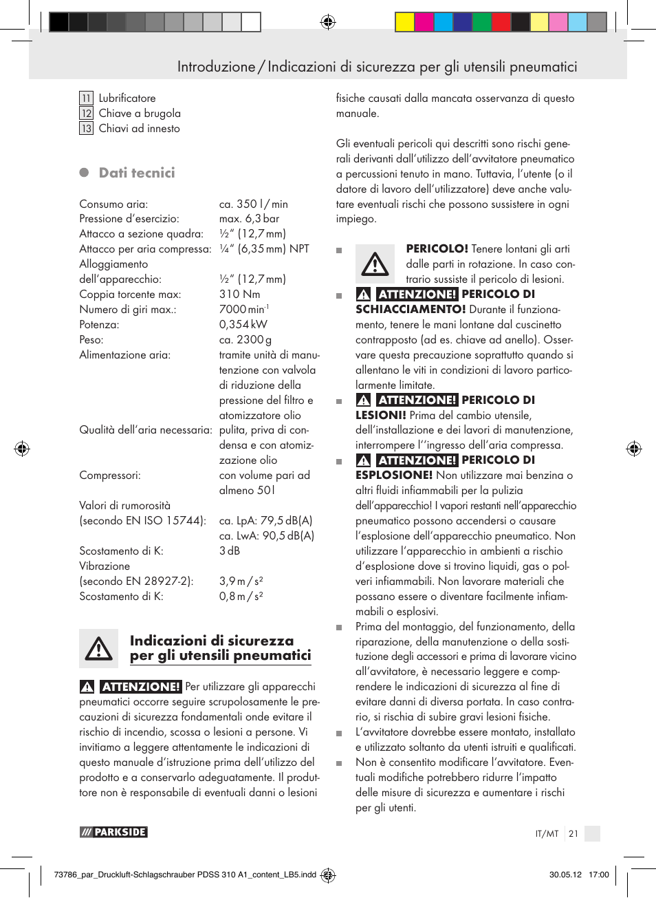 Dati tecnici | Parkside PDSS 310 A1 User Manual | Page 21 / 72
