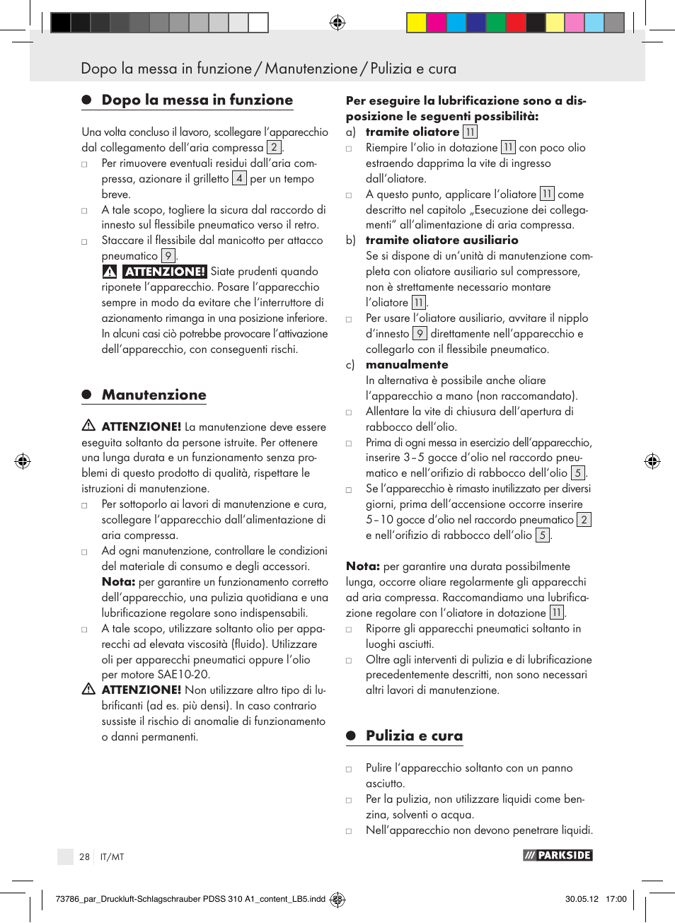 Dopo la messa in funzione, Manutenzione, Pulizia e cura | Parkside PDSS 310 A1 User Manual | Page 28 / 72