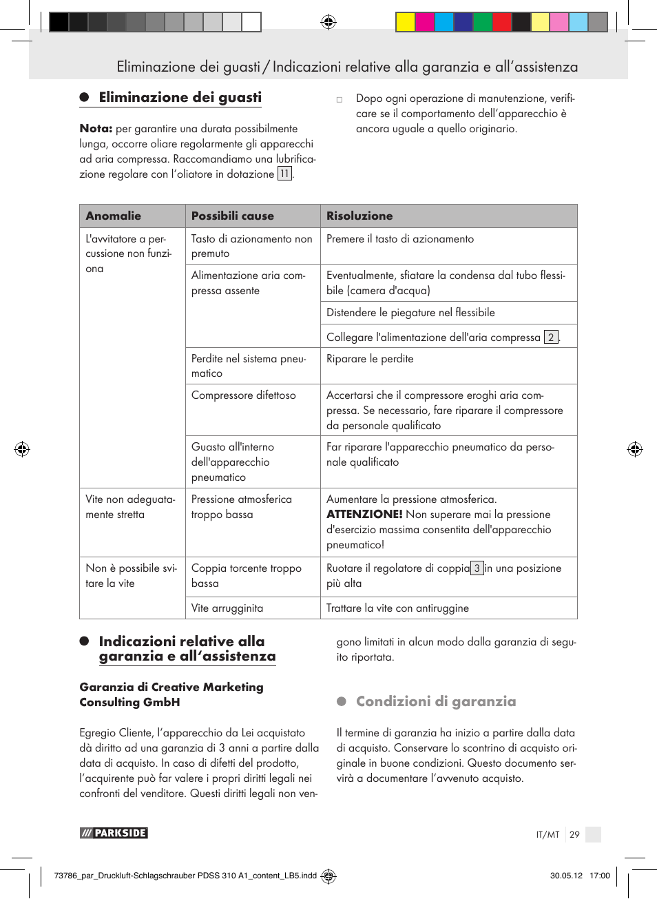 Eliminazione dei guasti, Condizioni di garanzia | Parkside PDSS 310 A1 User Manual | Page 29 / 72