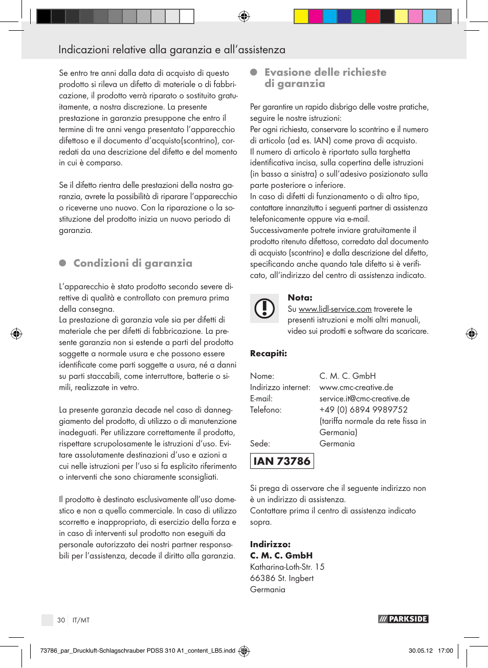 Condizioni di garanzia, Evasione delle richieste di garanzia | Parkside PDSS 310 A1 User Manual | Page 30 / 72