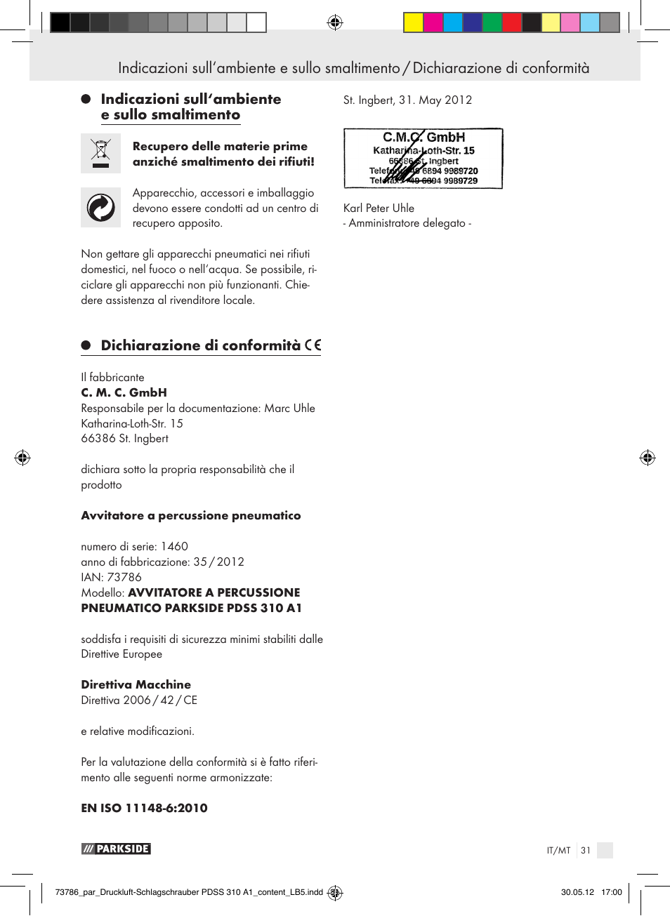 Indicazioni sull‘ambiente e sullo smaltimento, Dichiarazione di conformità | Parkside PDSS 310 A1 User Manual | Page 31 / 72