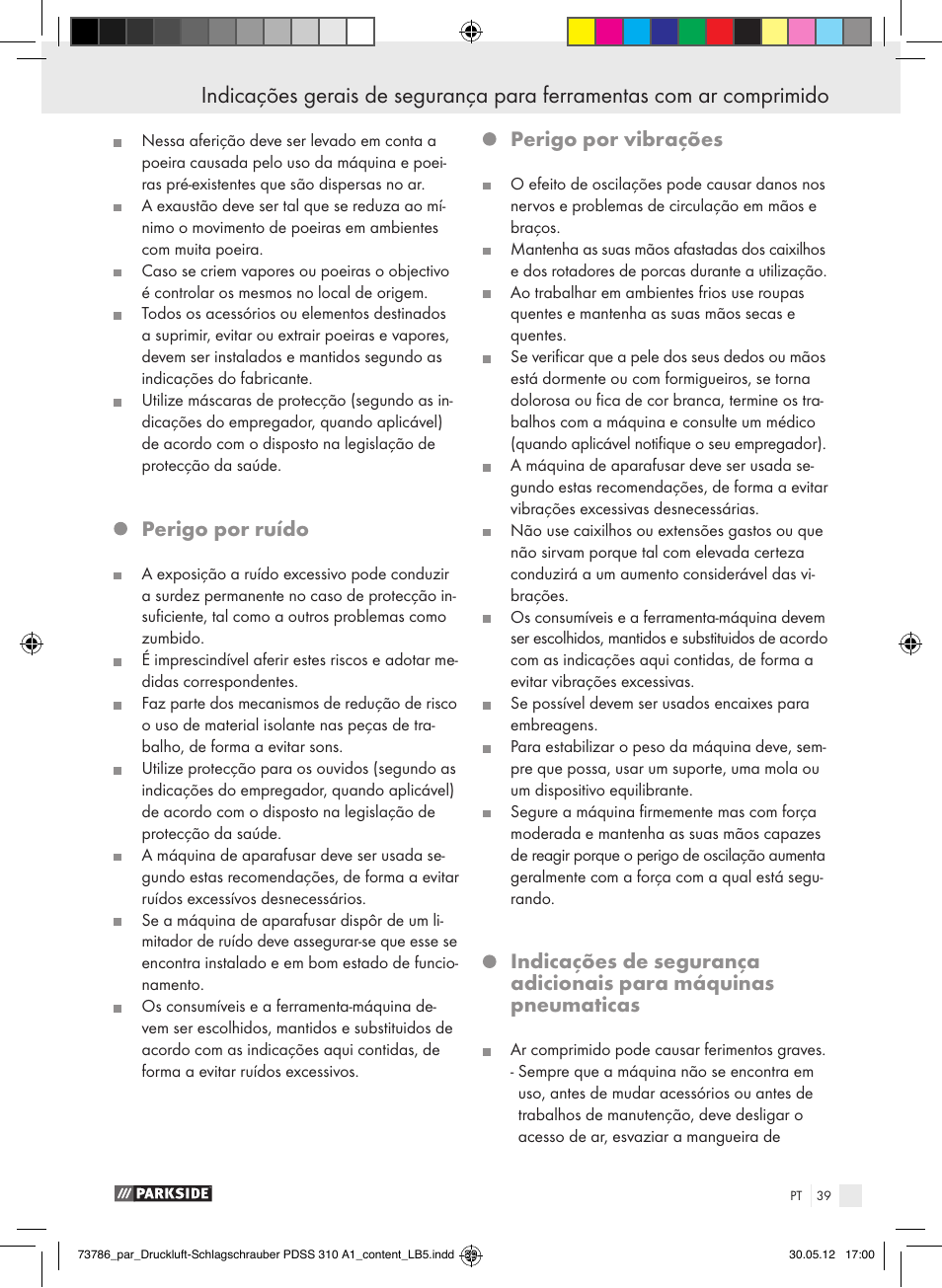 Perigo por ruído, Perigo por vibrações | Parkside PDSS 310 A1 User Manual | Page 39 / 72