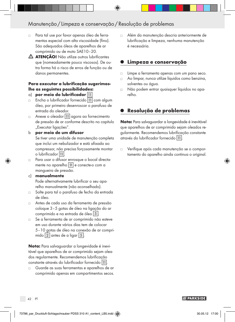 Limpeza e conservação, Resolução de problemas | Parkside PDSS 310 A1 User Manual | Page 42 / 72