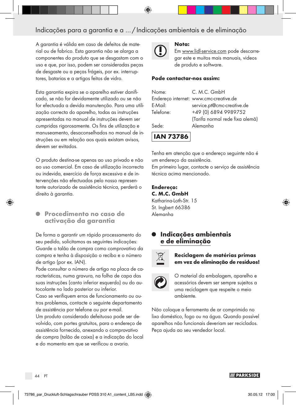 Procedimento no caso de activação da garantia, Indicações ambientais e de eliminação | Parkside PDSS 310 A1 User Manual | Page 44 / 72