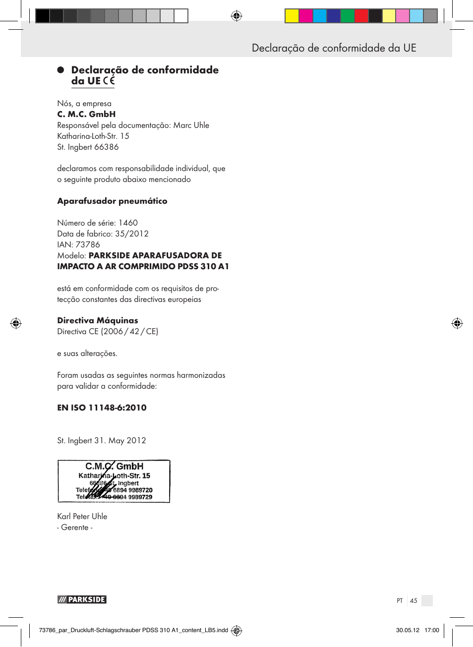 Declaração de conformidade da ue | Parkside PDSS 310 A1 User Manual | Page 45 / 72