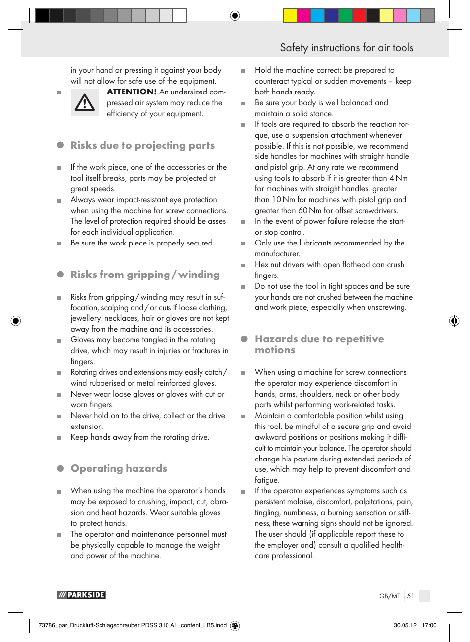 Safety instructions for air tools, Risks due to projecting parts, Risks from gripping / winding | Operating hazards, Hazards due to repetitive motions | Parkside PDSS 310 A1 User Manual | Page 51 / 72