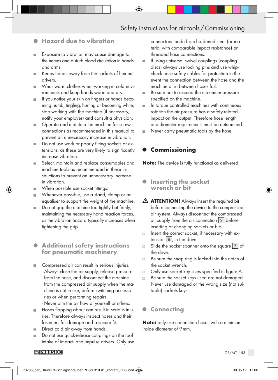 Hazard due to vibration, Commissioning, Inserting the socket wrench or bit | Connecting | Parkside PDSS 310 A1 User Manual | Page 53 / 72