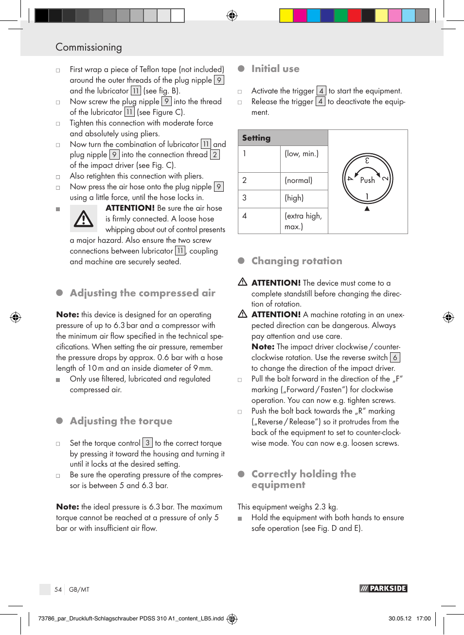 Commissioning, Adjusting the compressed air, Adjusting the torque | Initial use, Changing rotation, Correctly holding the equipment | Parkside PDSS 310 A1 User Manual | Page 54 / 72