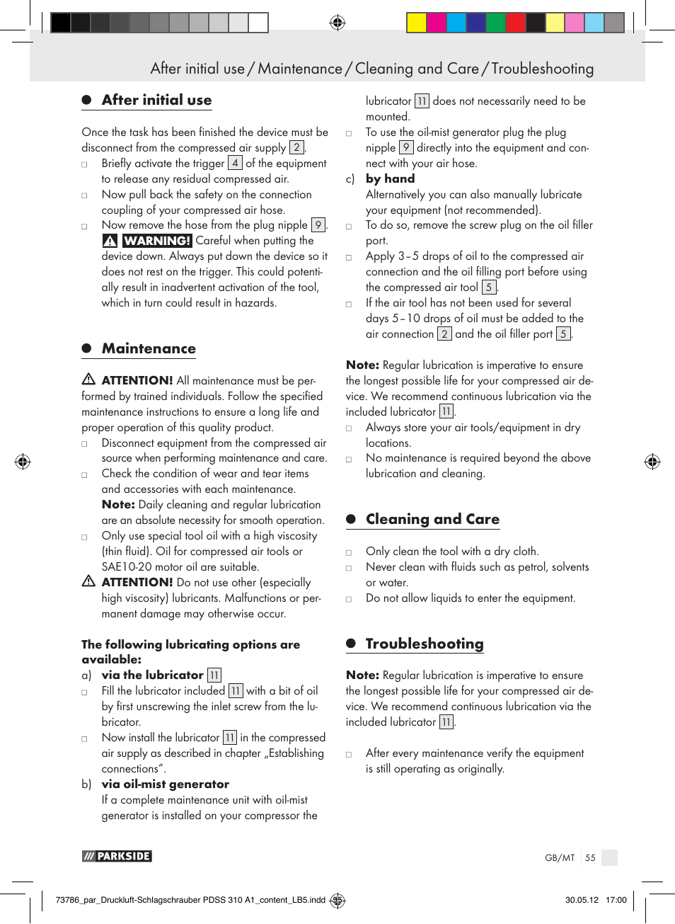 After initial use, Maintenance, Cleaning and care | Troubleshooting | Parkside PDSS 310 A1 User Manual | Page 55 / 72