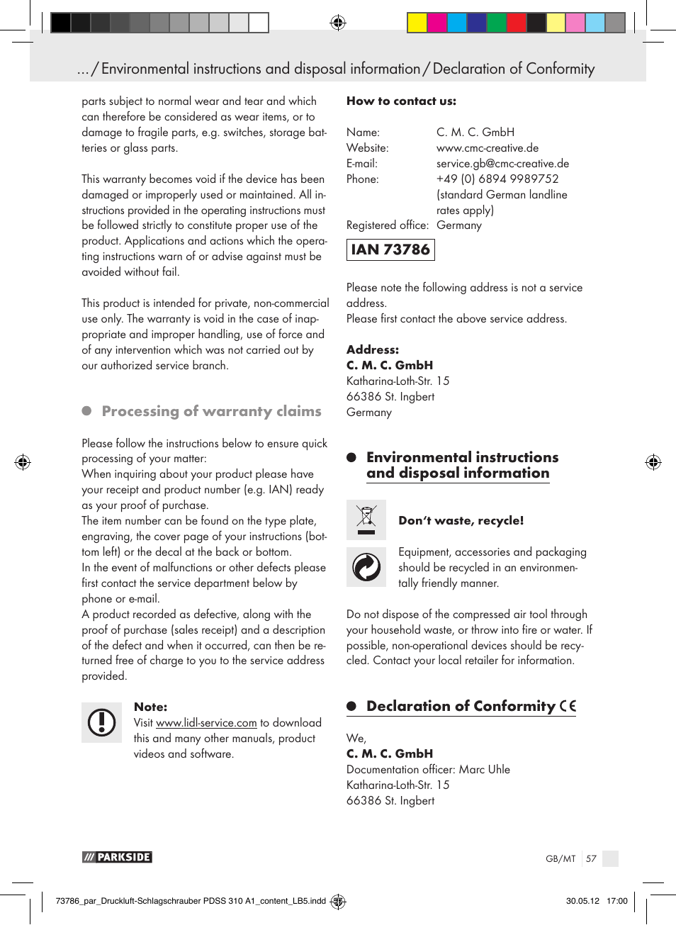 Processing of warranty claims, Declaration of conformity | Parkside PDSS 310 A1 User Manual | Page 57 / 72