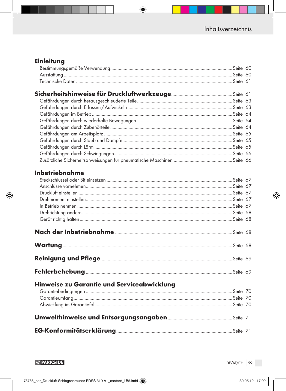 Declaration of conformity inhaltsverzeichnis | Parkside PDSS 310 A1 User Manual | Page 59 / 72