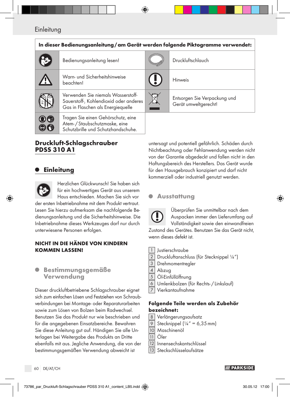 Druckluft-schlagschrauber pdss 310 a1 einleitung, Bestimmungsgemäße verwendung, Ausstattung | Parkside PDSS 310 A1 User Manual | Page 60 / 72