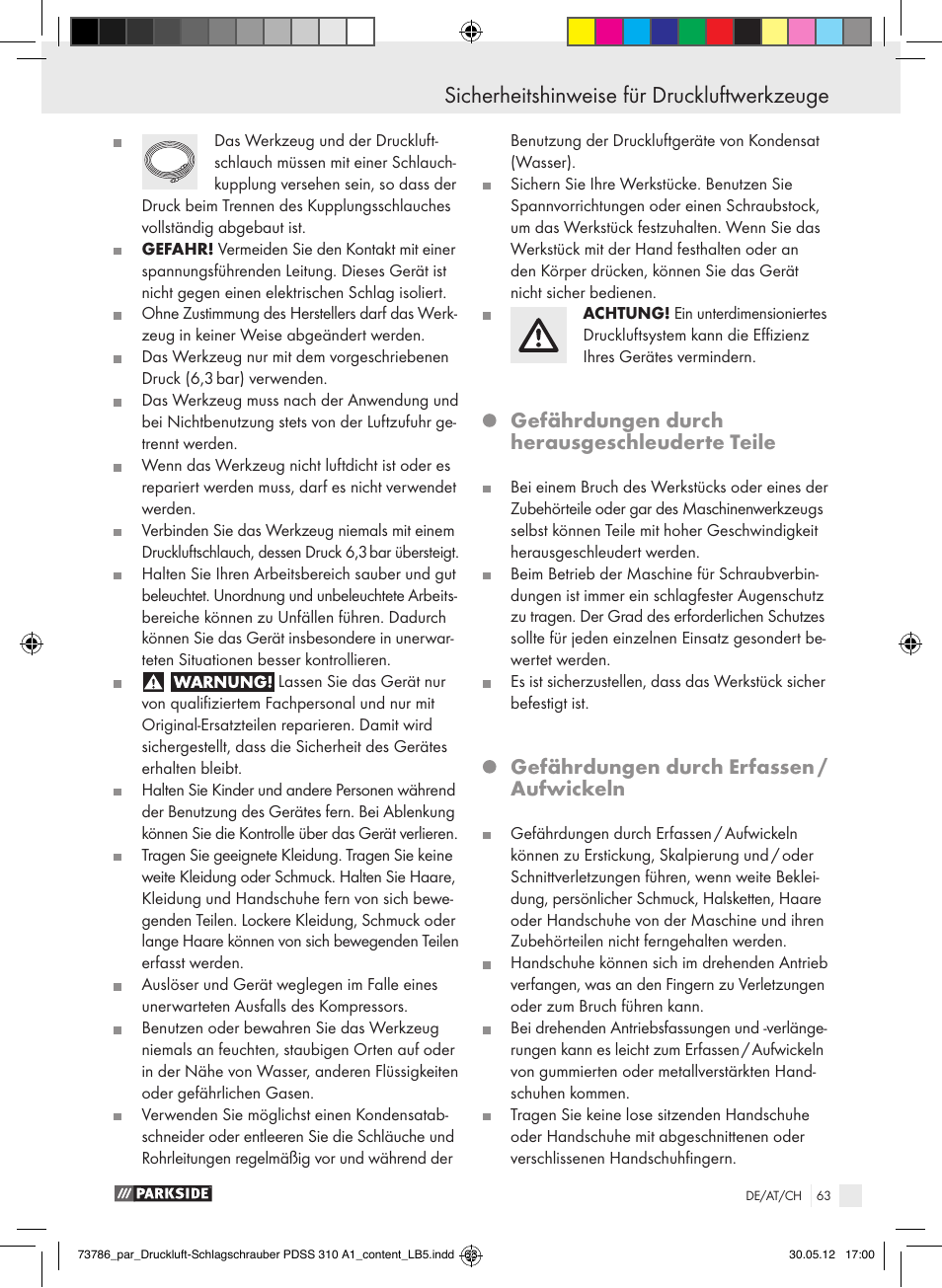 Sicherheitshinweise für druckluftwerkzeuge, Gefährdungen durch herausgeschleuderte teile, Gefährdungen durch erfassen / aufwickeln | Parkside PDSS 310 A1 User Manual | Page 63 / 72
