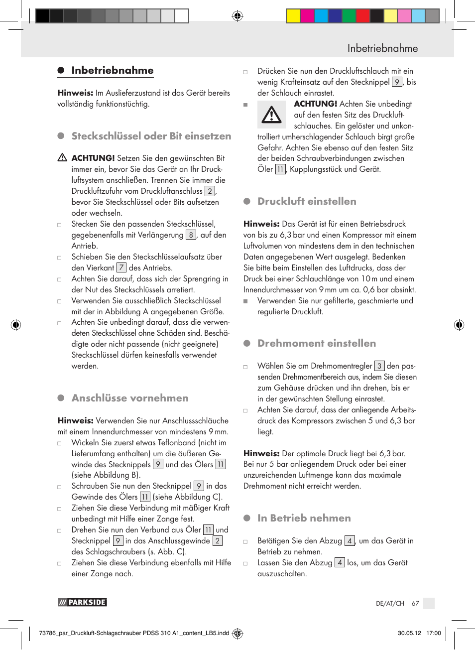 Sicherheitshinweise für druckluftwerkzeuge, Inbetriebnahme, Steckschlüssel oder bit einsetzen | Anschlüsse vornehmen, Druckluft einstellen, Drehmoment einstellen | Parkside PDSS 310 A1 User Manual | Page 67 / 72
