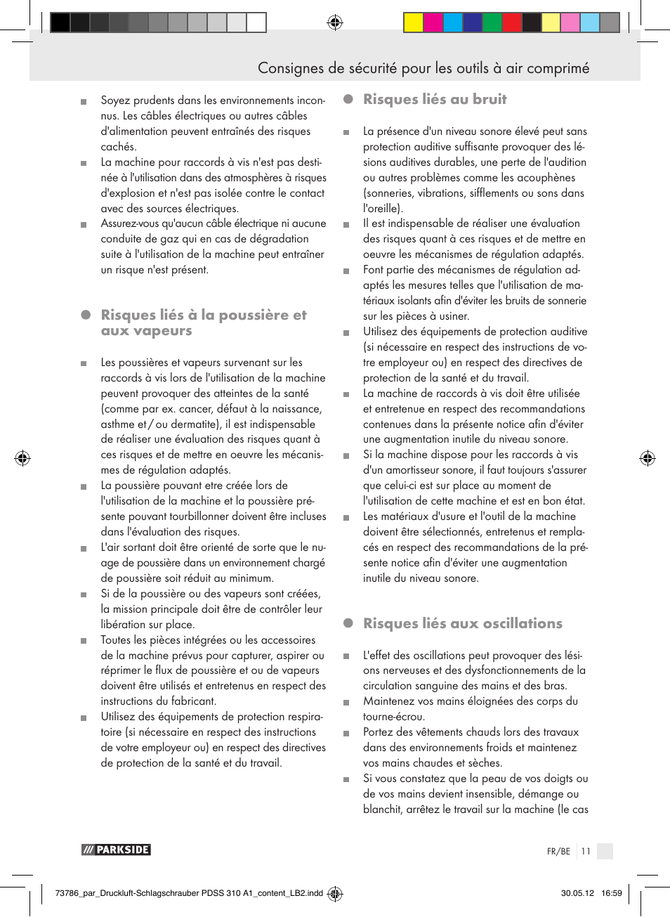 Risques liés à la poussière et aux vapeurs, Risques liés au bruit, Risques liés aux oscillations | Parkside PDSS 310 A1 User Manual | Page 11 / 59