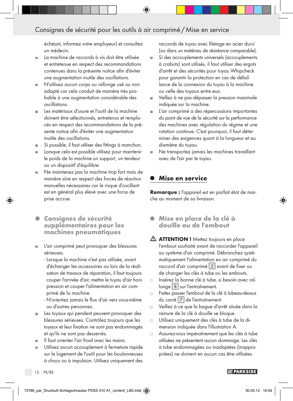 Mise en service, Mise en place de la clé à douille ou de l'embout | Parkside PDSS 310 A1 User Manual | Page 12 / 59
