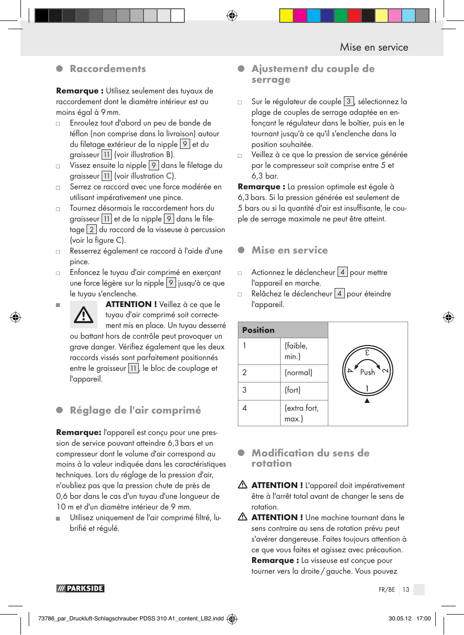 Raccordements, Réglage de l'air comprimé, Ajustement du couple de serrage | Mise en service, Modification du sens de rotation | Parkside PDSS 310 A1 User Manual | Page 13 / 59