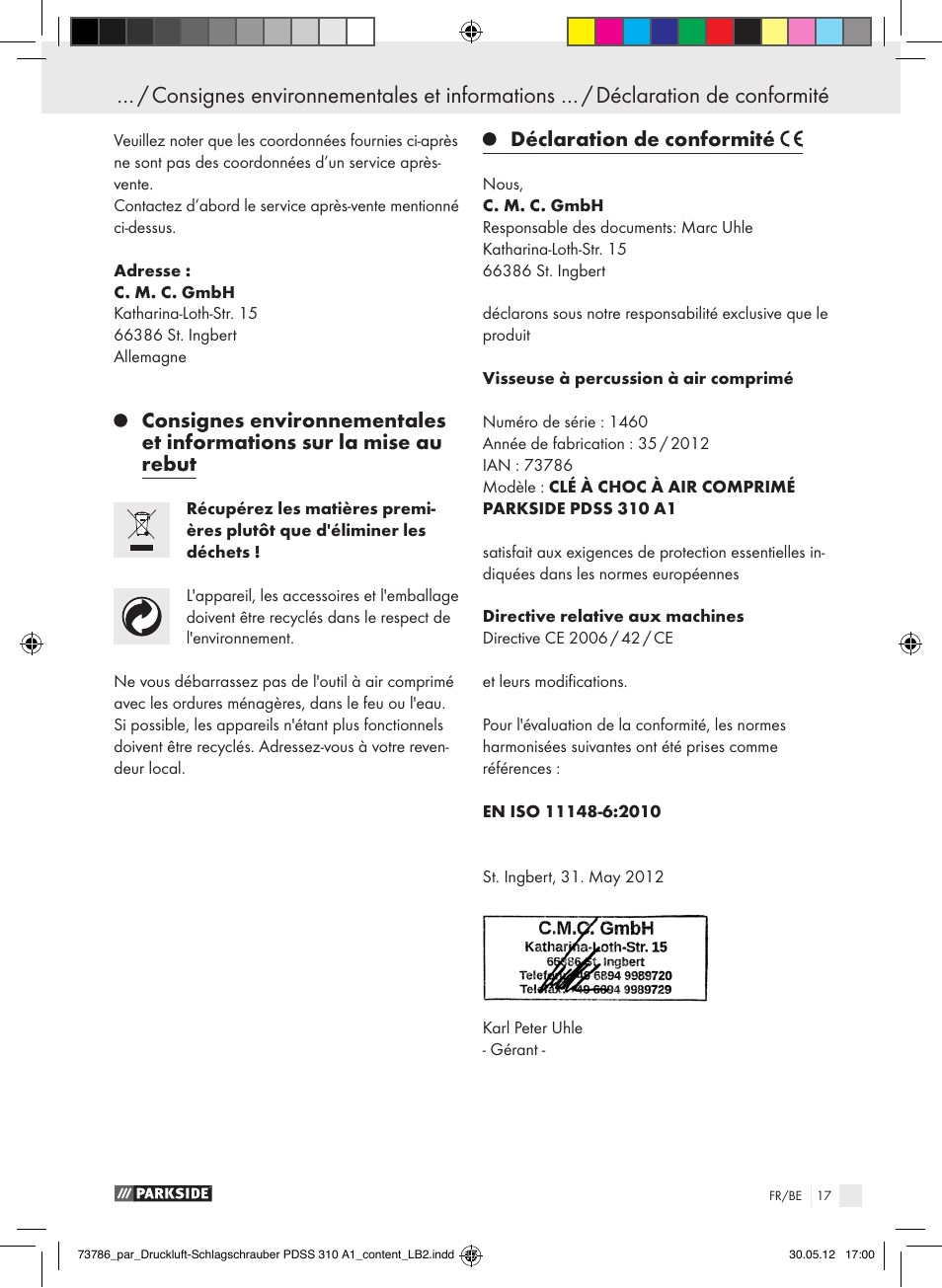 Déclaration de conformité | Parkside PDSS 310 A1 User Manual | Page 17 / 59