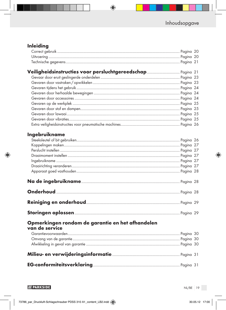 Inhoudsopgave | Parkside PDSS 310 A1 User Manual | Page 19 / 59