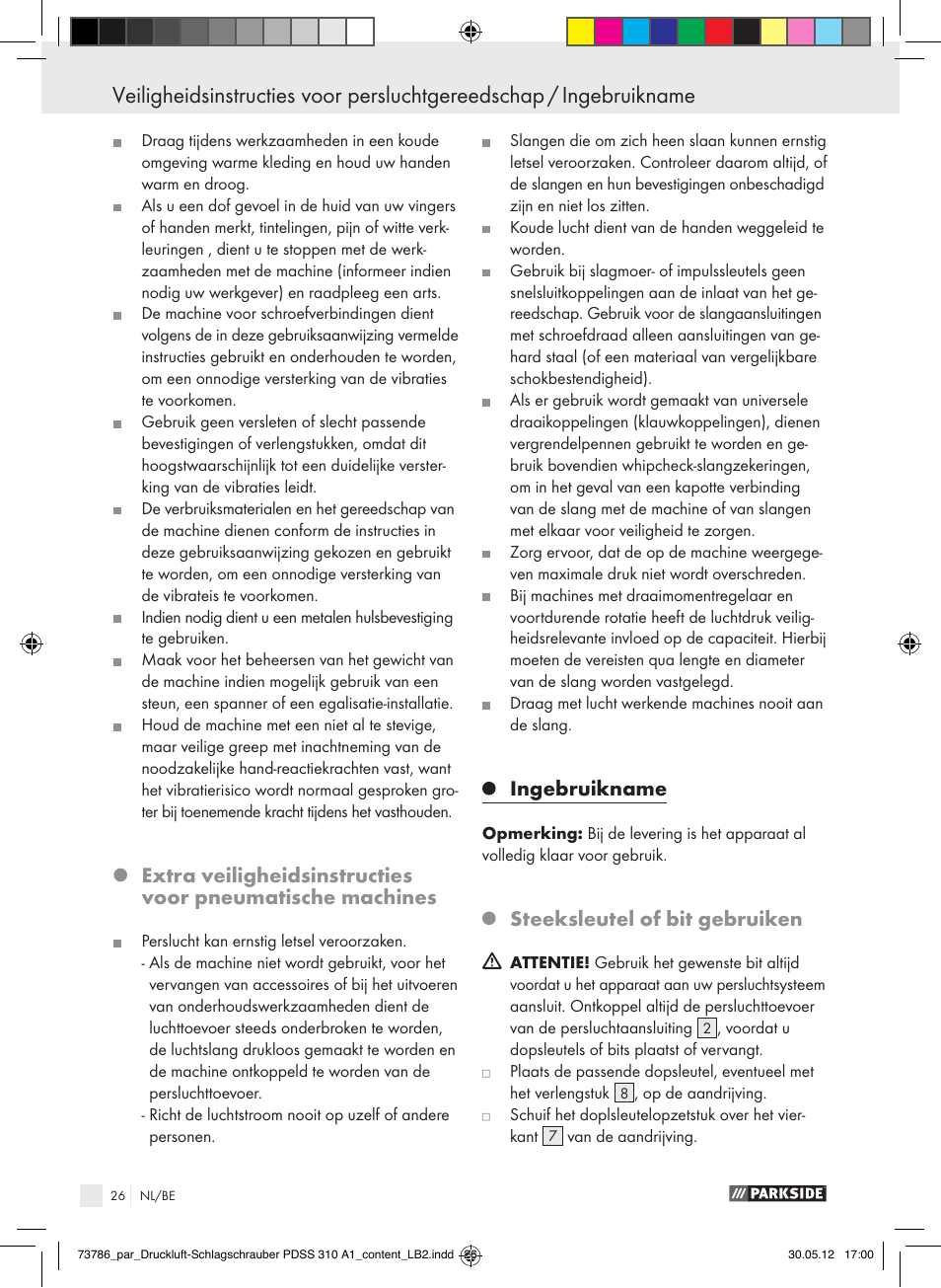 Ingebruikname, Steeksleutel of bit gebruiken | Parkside PDSS 310 A1 User Manual | Page 26 / 59