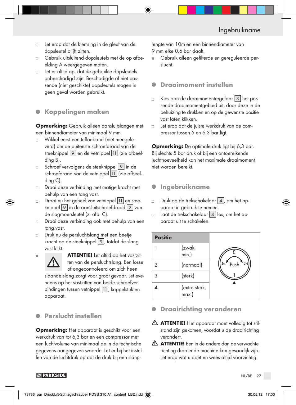 Koppelingen maken, Perslucht instellen, Draaimoment instellen | Ingebruikname, Draairichting veranderen | Parkside PDSS 310 A1 User Manual | Page 27 / 59