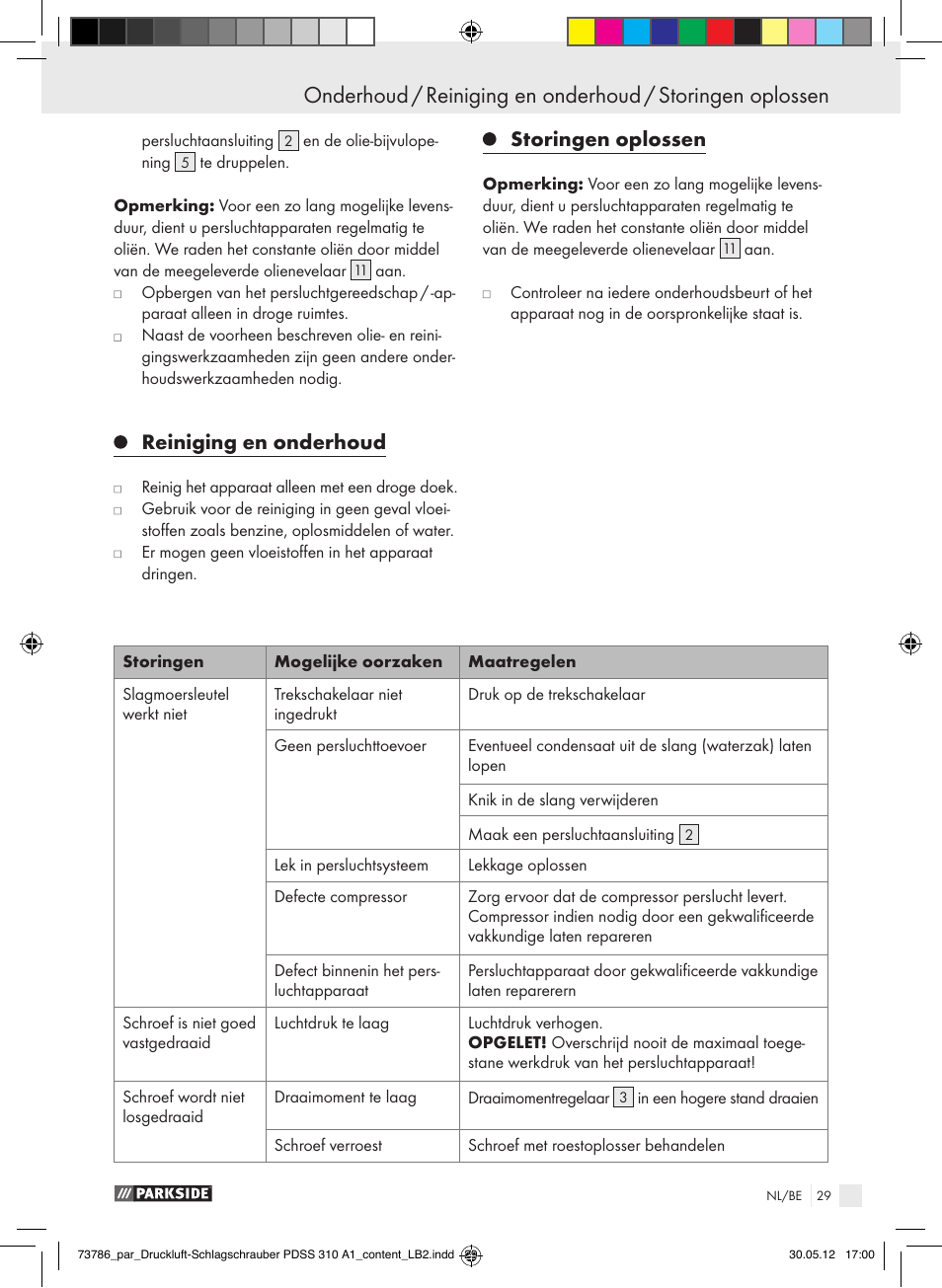 Reiniging en onderhoud, Storingen oplossen | Parkside PDSS 310 A1 User Manual | Page 29 / 59