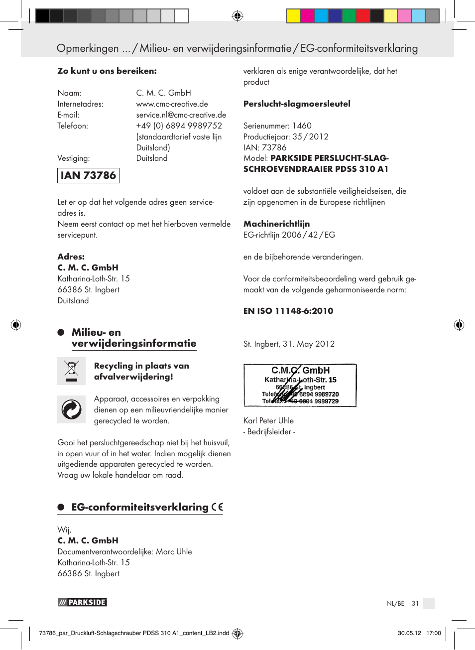 Milieu- en verwijderingsinformatie, Eg-conformiteitsverklaring | Parkside PDSS 310 A1 User Manual | Page 31 / 59