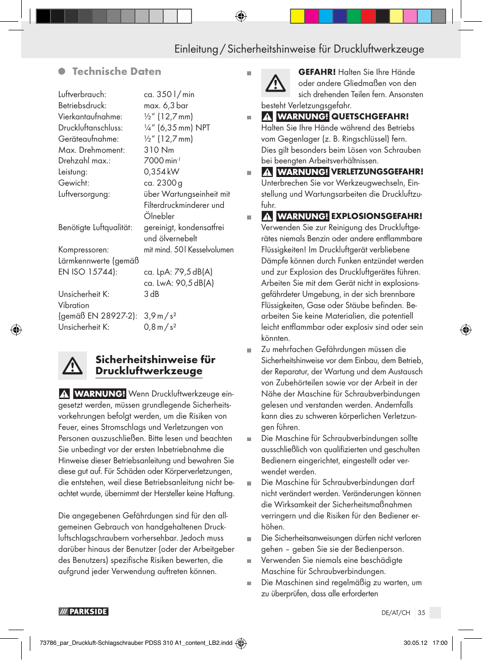 Technische daten, Sicherheitshinweise für druckluftwerkzeuge | Parkside PDSS 310 A1 User Manual | Page 35 / 59