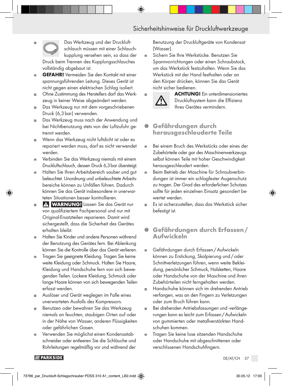 Sicherheitshinweise für druckluftwerkzeuge, Gefährdungen durch herausgeschleuderte teile, Gefährdungen durch erfassen / aufwickeln | Parkside PDSS 310 A1 User Manual | Page 37 / 59