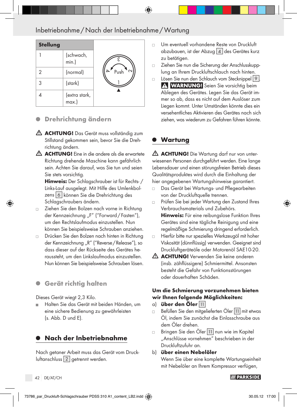 Drehrichtung ändern, Gerät richtig halten, Nach der inbetriebnahme | Wartung | Parkside PDSS 310 A1 User Manual | Page 42 / 59