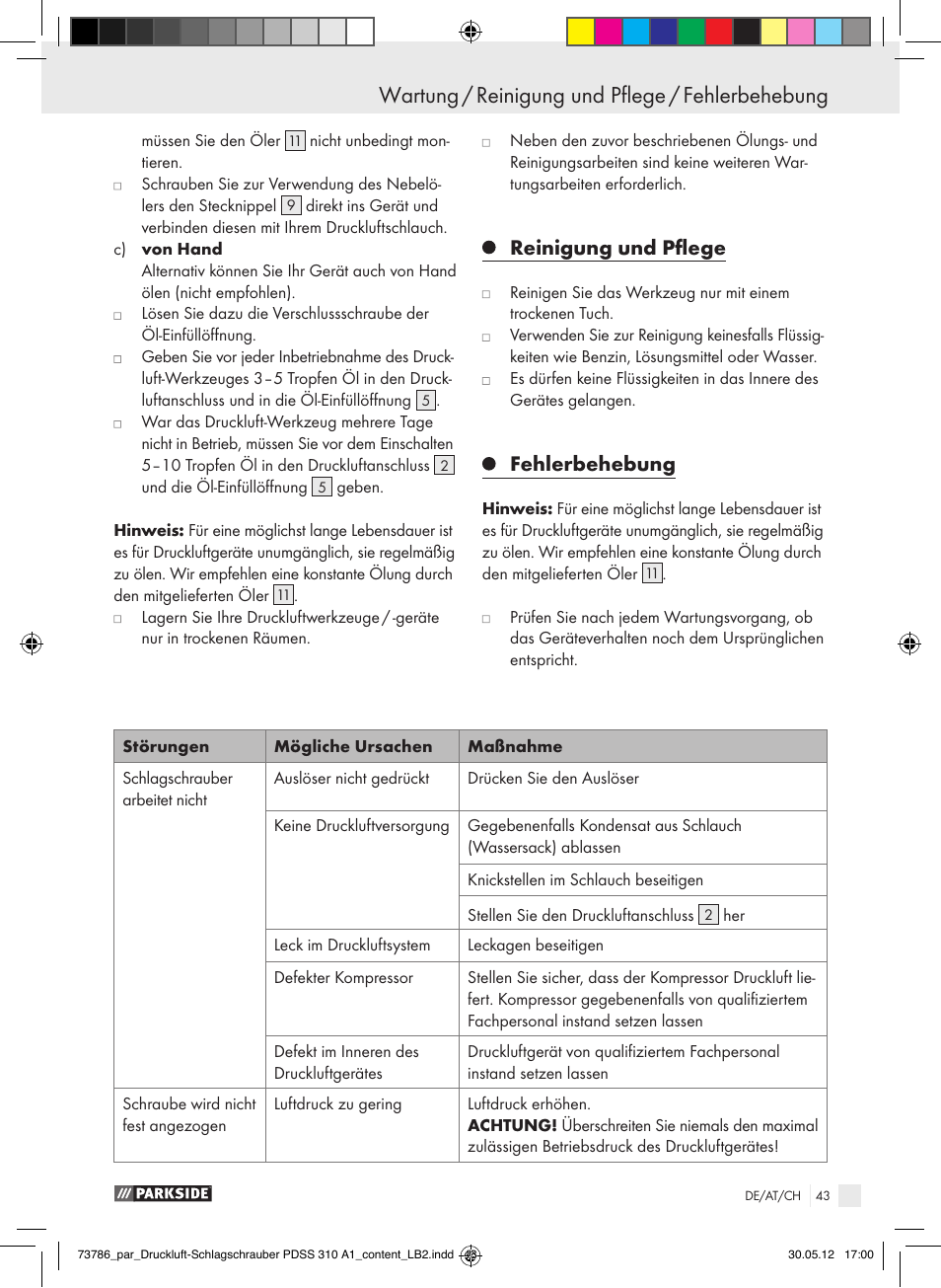 Wartung / reinigung und pflege / fehlerbehebung, Inbetriebnahme / nach der inbetriebnahme / wartung, Reinigung und pflege | Fehlerbehebung | Parkside PDSS 310 A1 User Manual | Page 43 / 59